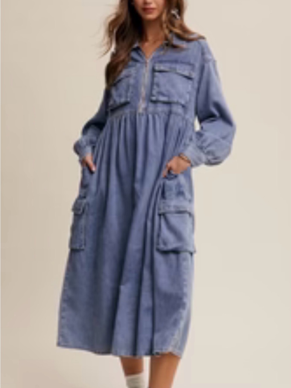 Chambray Utility Midi Dress in Dusty Blue